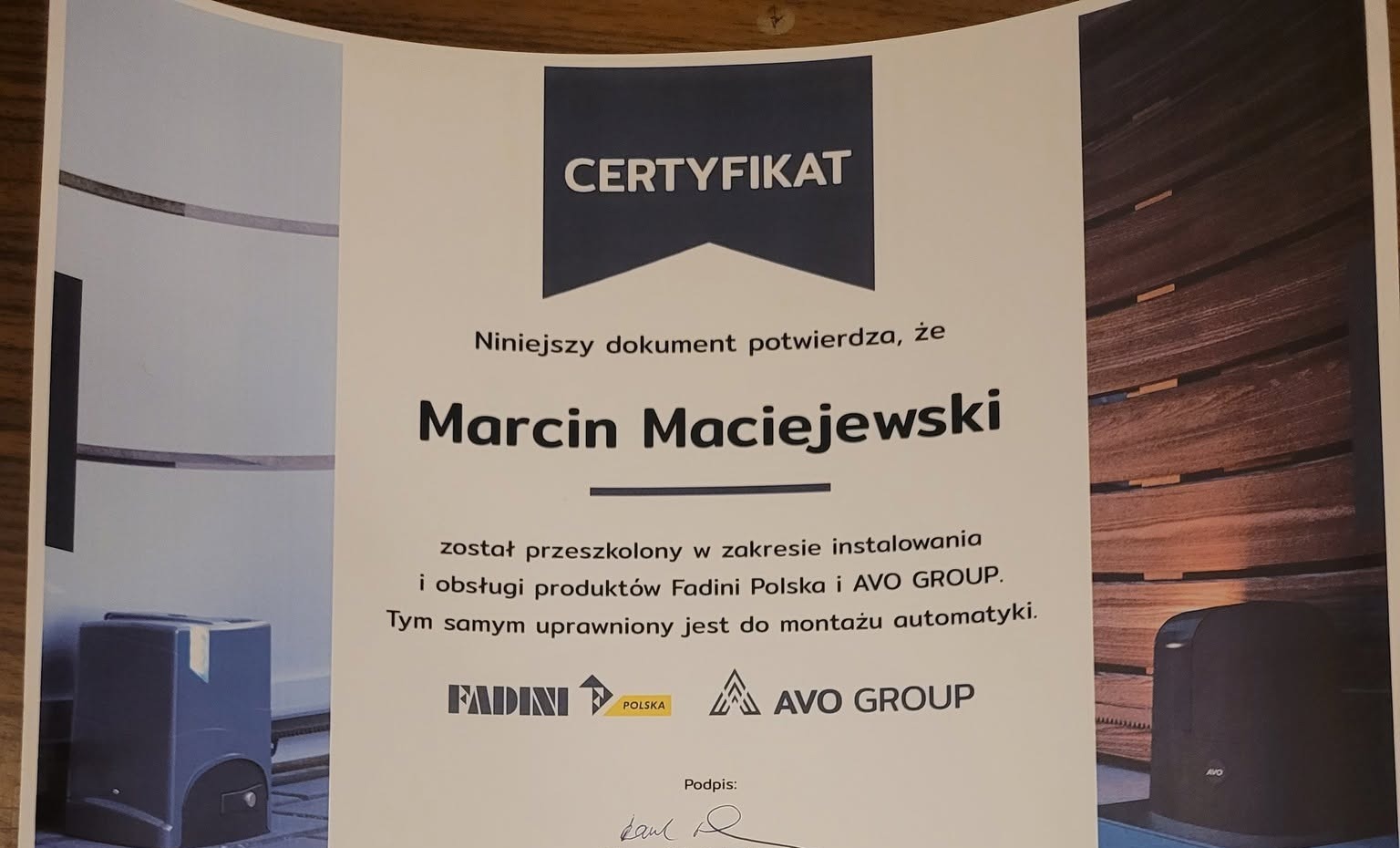 Certyfikat szkolenia Fadini Polska i AVO Group – Marcin Maciejewski, Budimpex IT